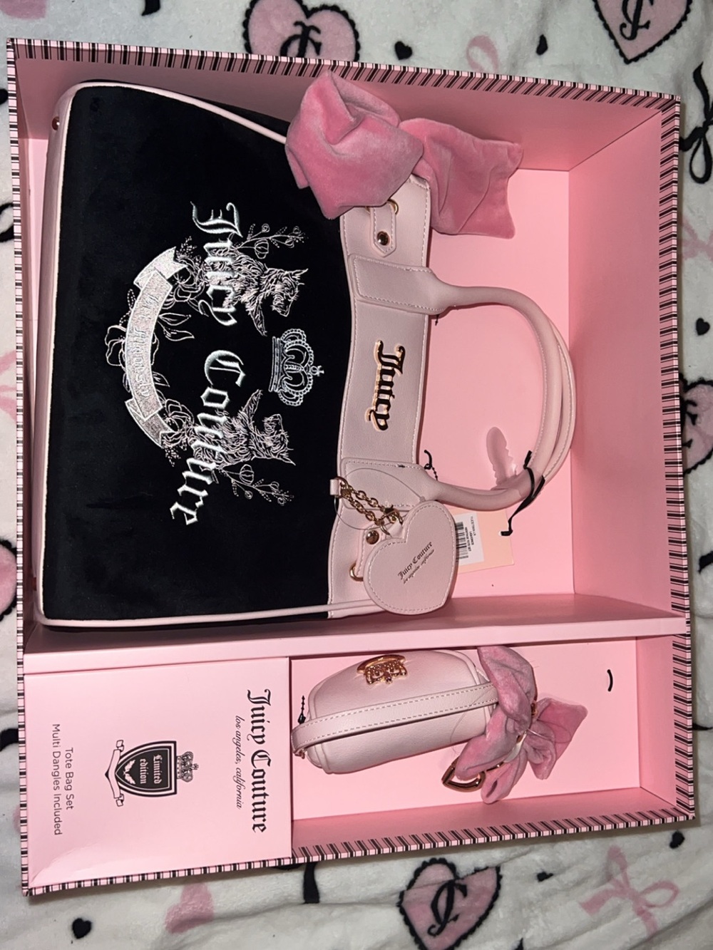 Juicy Couture Black & Pink Velvet Logo Tote with pink heritage daydreamer